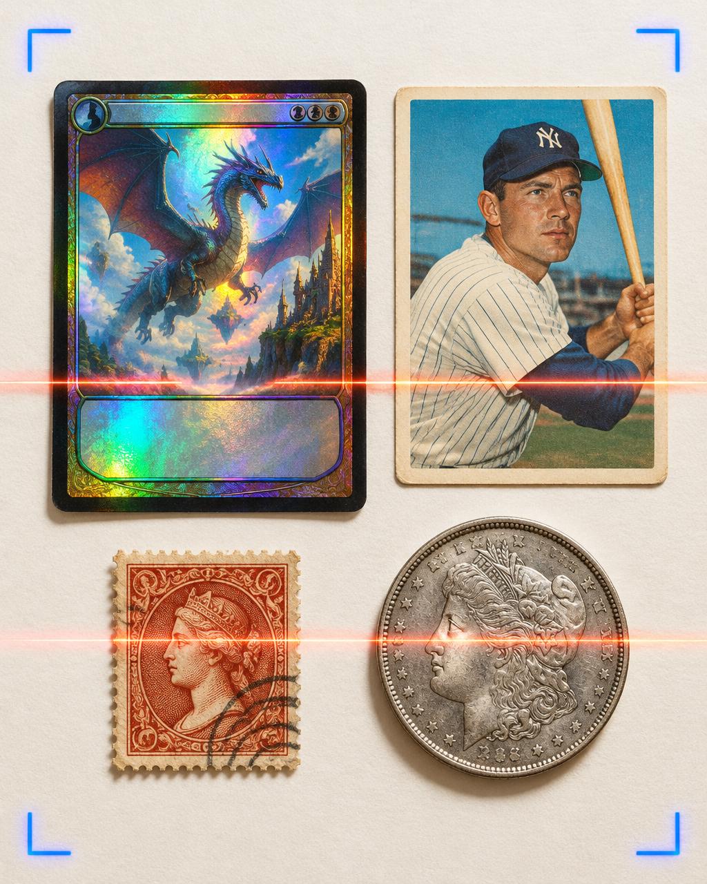 Trading cards, a stamp and a coin under a scanner